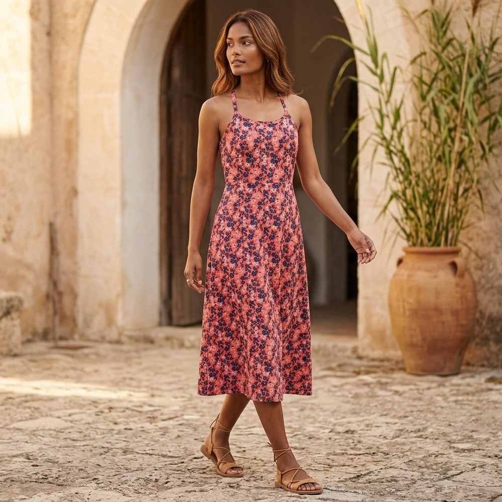 Pact Floral Fit Flare Dress Womens Large Red Organic Cotton Pockets Sleeveless